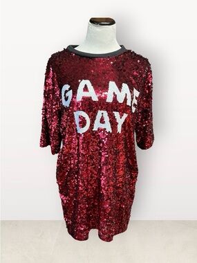 EUC Why Dress Red Sequin Game Day Tunic Dress Sz O/S